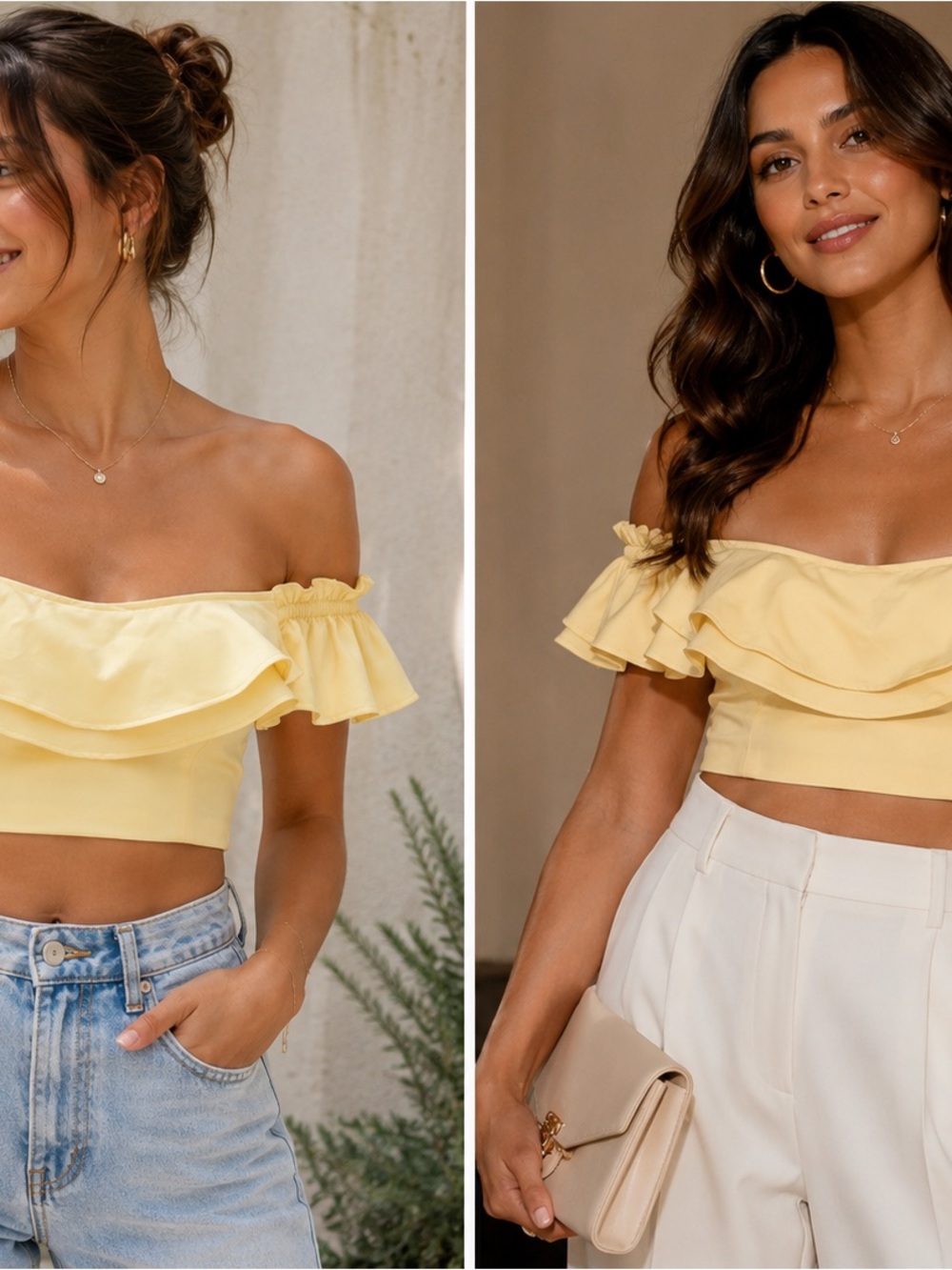 Marciano Yellow Off Shoulder Ruffle Crop Top Women’s Medium Lyocell Blend